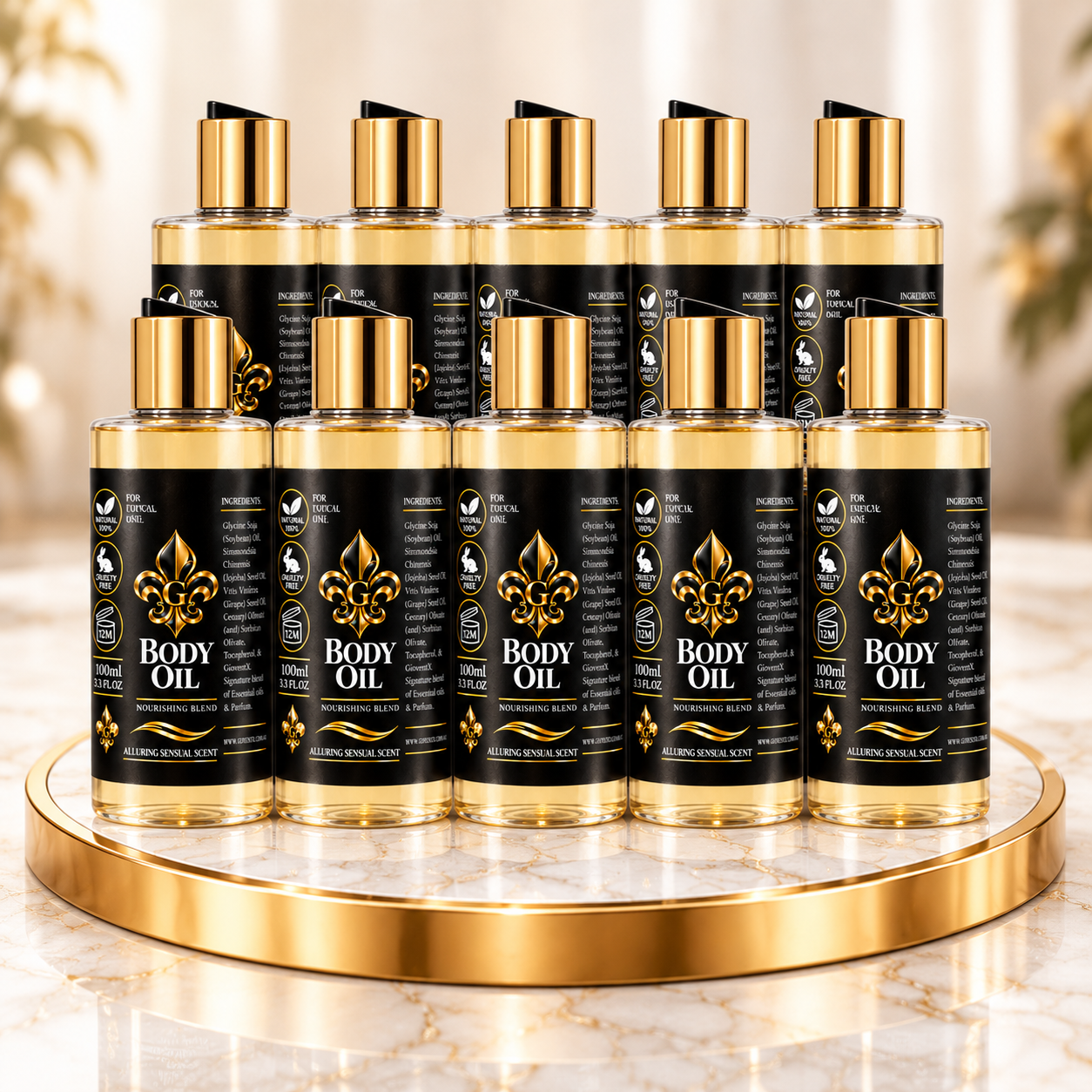 Eight bottles of BODY OIL body oil arranged on a round gold-trimmed marble display tray against a softly blurred warm beige background.