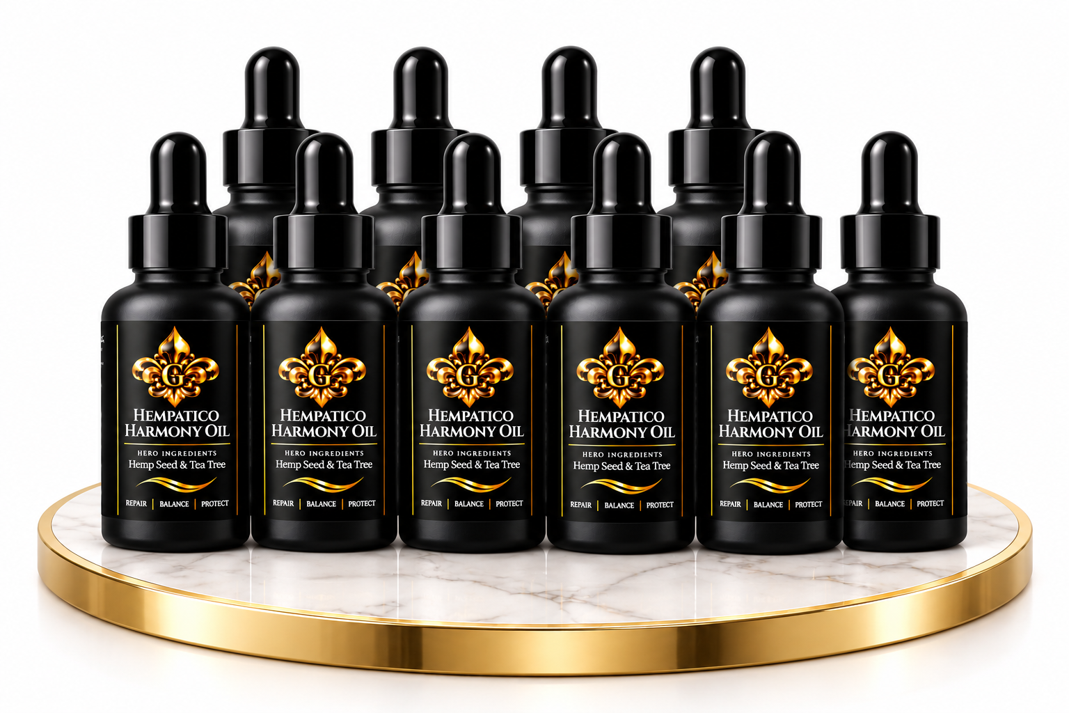 A group of black dropper bottles labeled Hempatico Harmony Oil arranged on a round white marble-style tray with a gold rim against a white background.
