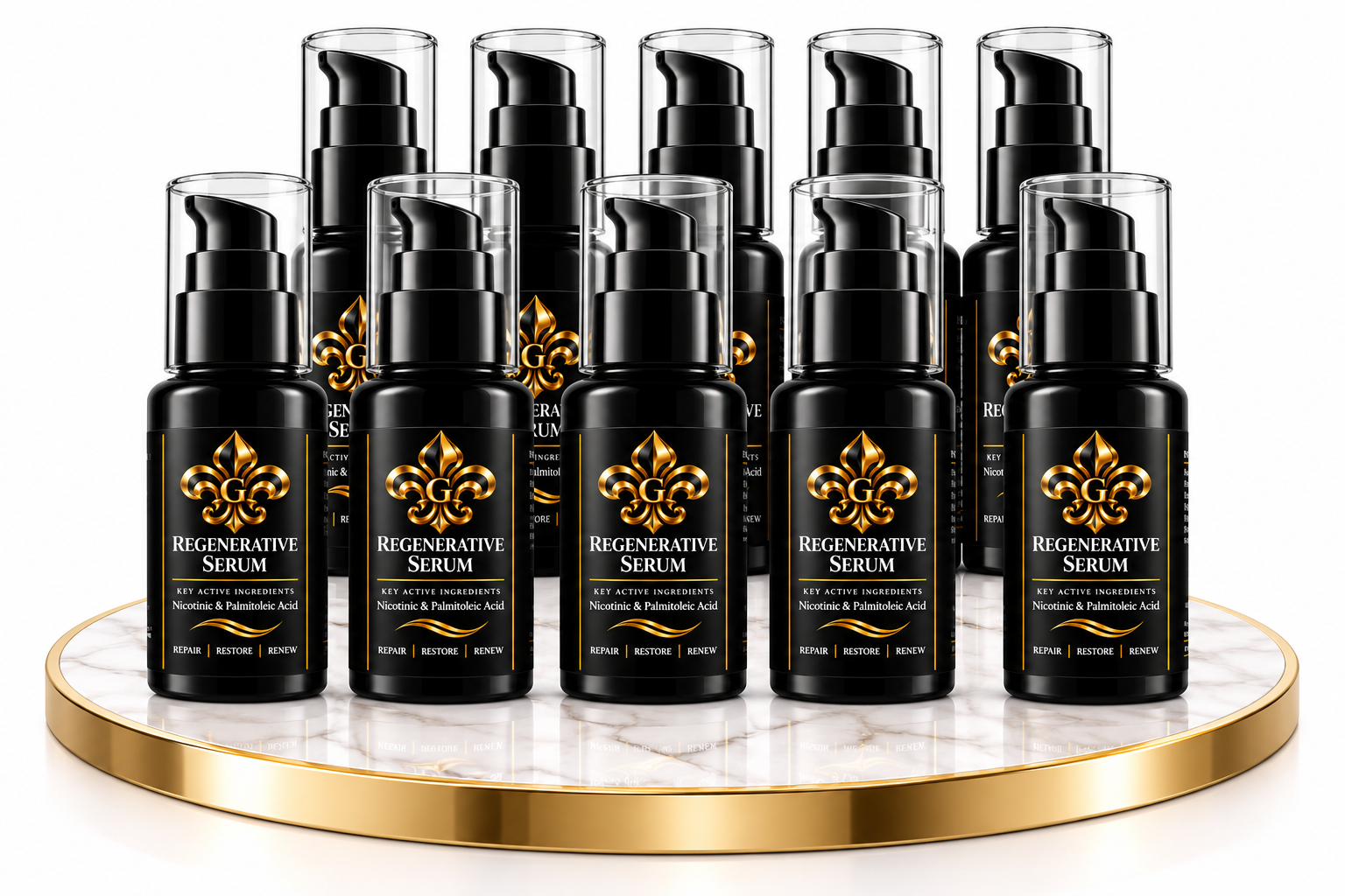 A set of ten black pump bottles of 'Regenerative Serum' with gold labels and clear protective caps, arranged on a round white marble tray with a gold rim against a white background.